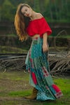 Buy_Rriso_Red Top Cotton Satin Printed Floral Straight Neck Off Shoulder And Skirt Set _Online_at_Aza_Fashions