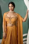 Buy_One Knot One By Ashna_Yellow Viscose Embroidery Aari Open Neck Marigold Flora Cape Draped Skirt Set _Online_at_Aza_Fashions