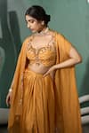 Shop_One Knot One_Yellow Viscose Embroidery Aari Open Neck Marigold Flora Cape Draped Skirt Set _at_Aza_Fashions