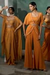 Shop_One Knot One By Ashna_Yellow Viscose Embroidery Aari Open Neck Marigold Flora Cape Draped Skirt Set _Online_at_Aza_Fashions