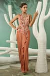 Buy_One Knot One_Peach Habutai Silk Embroidery Resham Halter Ambrosia Jacket With Draped Skirt _at_Aza_Fashions