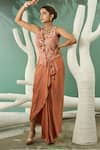 Buy_One Knot One_Peach Habutai Silk Embroidery Resham Halter Ambrosia Jacket With Draped Skirt _Online_at_Aza_Fashions