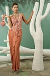 Shop_One Knot One_Peach Habutai Silk Embroidery Resham Halter Ambrosia Jacket With Draped Skirt _Online_at_Aza_Fashions