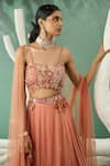 Shop_One Knot One By Ashna_Peach Crepe Embroidery Bullian Knot Sweetheart Peony Bloom Applique Lehenga Set _at_Aza_Fashions