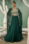 Buy_One Knot One_Green Viscose Organza Embroidery Bullian Knot Forest Flora Jacket Lehenga Set _at_Aza_Fashions