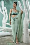 Buy_One Knot One_Green Crimp Georgette Fantasy Fleur Applique Work Pre Draped Dhoti Saree Set _at_Aza_Fashions