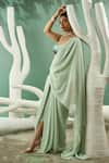 Buy_One Knot One_Green Crimp Georgette Fantasy Fleur Applique Work Pre Draped Dhoti Saree Set _Online_at_Aza_Fashions