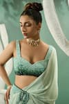 Shop_One Knot One_Green Crimp Georgette Fantasy Fleur Applique Work Pre Draped Dhoti Saree Set _at_Aza_Fashions