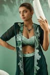 Shop_One Knot One_Green Viscose Organza Embroidery Fantasy Flora Applique Work Jacket Sharara Set _at_Aza_Fashions