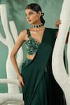 One Knot One By Ashna_Green Chiffon Satin Embroidery Bahar Applique Pre Draped Saree With Blouse _at_Aza_Fashions