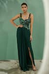 Buy_One Knot One_Green Chiffon Satin Embroidery Sequin Forest Corset Blouse With Draped Skirt _at_Aza_Fashions