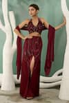 Buy_One Knot One_Maroon Chiffon Satin Embroidery Resham Halter Neck Sequin Fern Top Skirt Set _at_Aza_Fashions