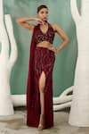 Buy_One Knot One By Ashna_Maroon Chiffon Satin Embroidery Resham Halter Neck Sequin Fern Top Skirt Set _Online_at_Aza_Fashions