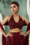 Shop_One Knot One By Ashna_Maroon Chiffon Satin Embroidery Resham Halter Neck Sequin Fern Top Skirt Set _at_Aza_Fashions