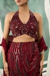 Shop_One Knot One_Maroon Chiffon Satin Embroidery Resham Halter Neck Sequin Fern Top Skirt Set _Online_at_Aza_Fashions