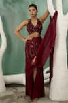 One Knot One_Maroon Chiffon Satin Embroidery Resham Halter Neck Sequin Fern Top Skirt Set _at_Aza_Fashions