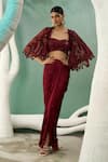 Buy_One Knot One_Maroon Silk Satin Embroidery Resham Starla Bloom Shrug Draped Skirt Set _at_Aza_Fashions