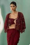 Shop_One Knot One_Maroon Silk Satin Embroidery Resham Starla Bloom Shrug Draped Skirt Set _at_Aza_Fashions