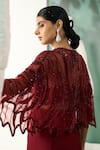 One Knot One_Maroon Silk Satin Embroidery Resham Starla Bloom Shrug Draped Skirt Set _at_Aza_Fashions