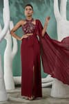 Buy_One Knot One_Maroon Chiffon Satin Embroidery Resham Halter Ivy Vine Pre Draped Saree Set _at_Aza_Fashions