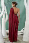 One Knot One_Maroon Chiffon Satin Embroidery Resham Halter Ivy Vine Pre Draped Saree Set _Online_at_Aza_Fashions