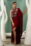 Buy_One Knot One_Maroon Chiffon Satin Embroidery Resham Halter Ivy Vine Pre Draped Saree Set _Online_at_Aza_Fashions