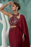 Shop_One Knot One_Maroon Chiffon Satin Embroidery Resham Halter Ivy Vine Pre Draped Saree Set _at_Aza_Fashions