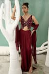 Buy_One Knot One_Maroon Chiffon Satin Embroidery Resham V Stardust Sequin Top Draped Skirt Set _at_Aza_Fashions