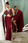 Buy_One Knot One By Ashna_Maroon Chiffon Satin Embroidery Resham V Stardust Sequin Top Draped Skirt Set _Online_at_Aza_Fashions