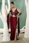 Shop_One Knot One By Ashna_Maroon Chiffon Satin Embroidery Resham V Stardust Sequin Top Draped Skirt Set _Online_at_Aza_Fashions