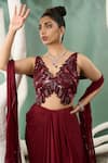 Shop_One Knot One_Maroon Chiffon Satin Embroidery Resham V Stardust Sequin Top Draped Skirt Set _at_Aza_Fashions