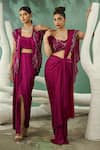 One Knot One_Wine Silk Satin Embroidery Cutdana Open Neck Plume Jacket Draped Skirt Set _Online_at_Aza_Fashions