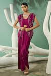 Buy_One Knot One_Wine Silk Satin Embroidery Cutdana Open Neck Plume Jacket Draped Skirt Set _Online_at_Aza_Fashions