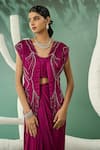 Buy_One Knot One By Ashna_Wine Silk Satin Embroidery Cutdana Open Neck Plume Jacket Draped Skirt Set 