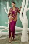 Buy_One Knot One_Wine Metallic Embroidery Zari Shawl Lapel Floral Blazer Draped Skirt Set _at_Aza_Fashions