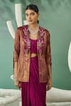 One Knot One_Wine Metallic Embroidery Zari Shawl Lapel Floral Blazer Draped Skirt Set _Online_at_Aza_Fashions