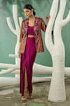 Buy_One Knot One_Wine Metallic Embroidery Zari Shawl Lapel Floral Blazer Draped Skirt Set _Online_at_Aza_Fashions