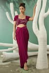 Buy_One Knot One_Wine Silk Satin Embroidery Zari Sweetheart Florence Blouse With Draped Skirt _at_Aza_Fashions