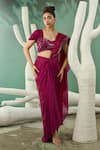 Buy_One Knot One_Wine Silk Satin Embroidery Zari Sweetheart Florence Blouse Draped Skirt Set _at_Aza_Fashions