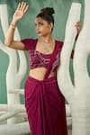 Buy_One Knot One_Wine Silk Satin Embroidery Zari Sweetheart Florence Blouse Draped Skirt Set _Online_at_Aza_Fashions