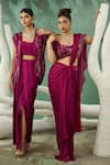 Shop_One Knot One_Wine Silk Satin Embroidery Zari Sweetheart Florence Blouse Draped Skirt Set _Online_at_Aza_Fashions