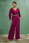 Buy_One Knot One_Wine Silk Satin Embroidery Resham V Neck Swerve Wave Top Pant Set _at_Aza_Fashions