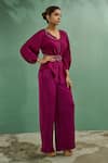 One Knot One_Wine Silk Satin Embroidery Resham V Neck Swerve Wave Top Pant Set _Online_at_Aza_Fashions