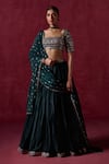 Buy_LASHKARAA_Green Satin Embroidered Sequin Square Blouse Lehenga Set _at_Aza_Fashions