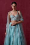 Shop_LASHKARAA_Blue Organza Embroidered Zari Plunge Sweetheart Scallop Hem Lehenga Set _at_Aza_Fashions