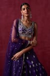 Shop_LASHKARAA_Purple Net Embroidered Zari Leaf Floral Lehenga Blouse Set _at_Aza_Fashions