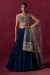 Buy_LASHKARAA_Blue Crepe Silk Embroidered Zari V Neck Floral Veli Blouse Lehenga Set _at_Aza_Fashions