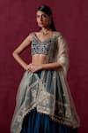 Shop_LASHKARAA_Blue Crepe Silk Embroidered Zari V Neck Floral Veli Blouse Lehenga Set _at_Aza_Fashions