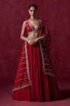 Buy_LASHKARAA_Red Crepe Silk Embroidered Zari Plunge V Floral Waist Lehenga Set _at_Aza_Fashions