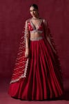 Shop_LASHKARAA_Red Crepe Silk Embroidered Zari Plunge V Floral Waist Lehenga Set _Online_at_Aza_Fashions